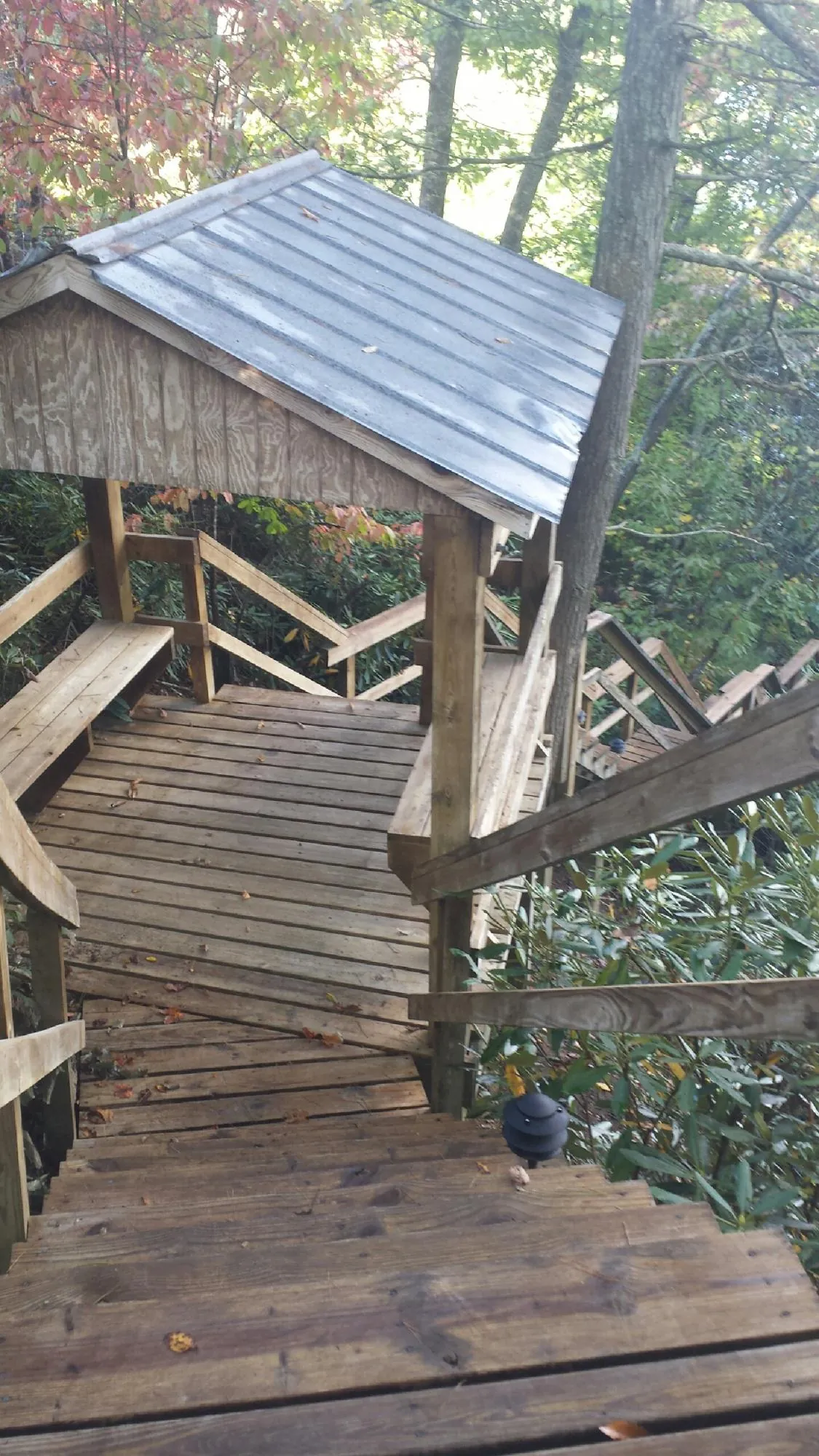 Metal roofed shelter over wooden steps on a wooded walkway — Skylight Repair & Installation work by our crew in Gleneden Beach